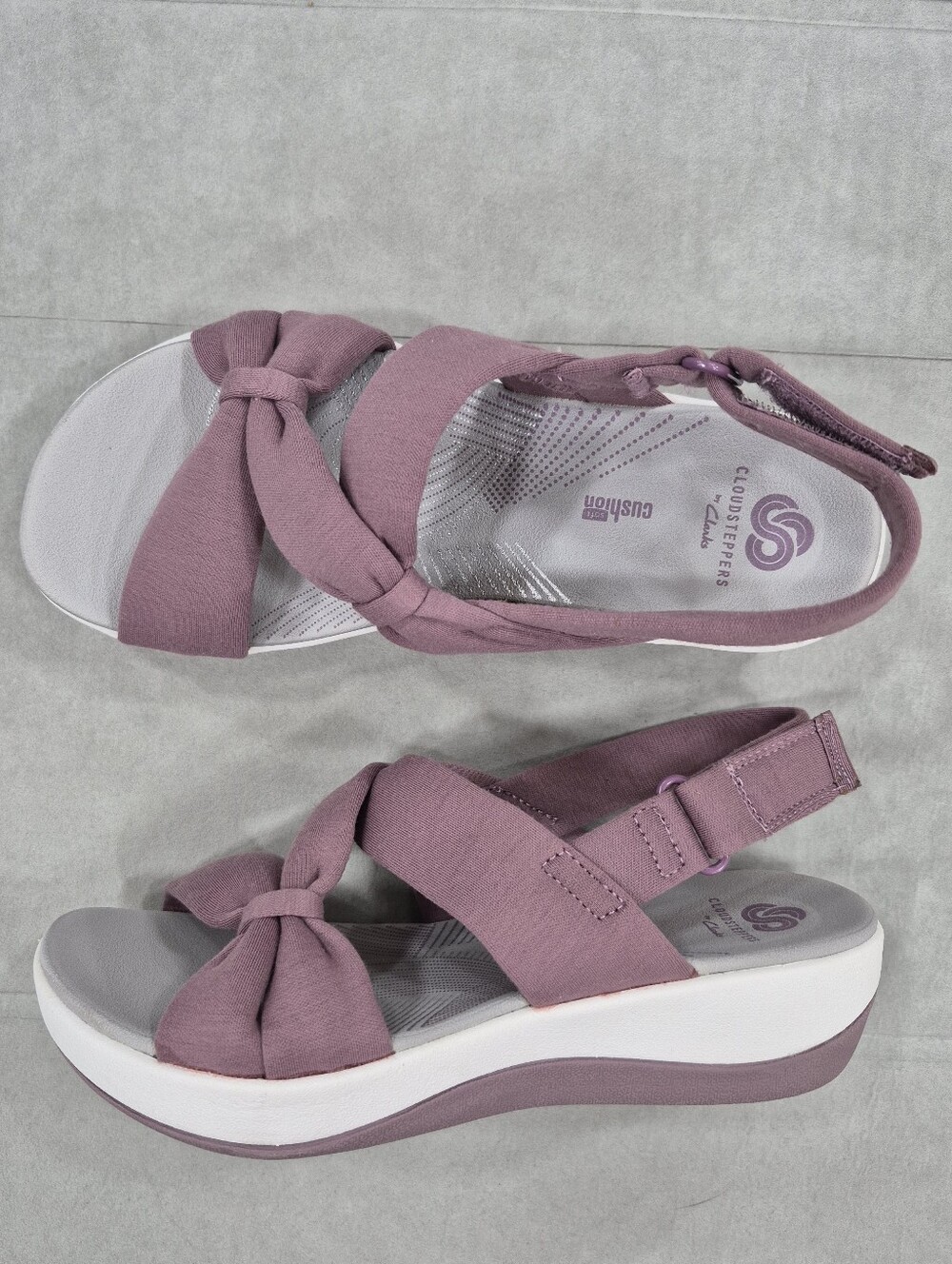 Clarks Arla Primrose sandals women's 6M purple jersey knit adjustable heel strap